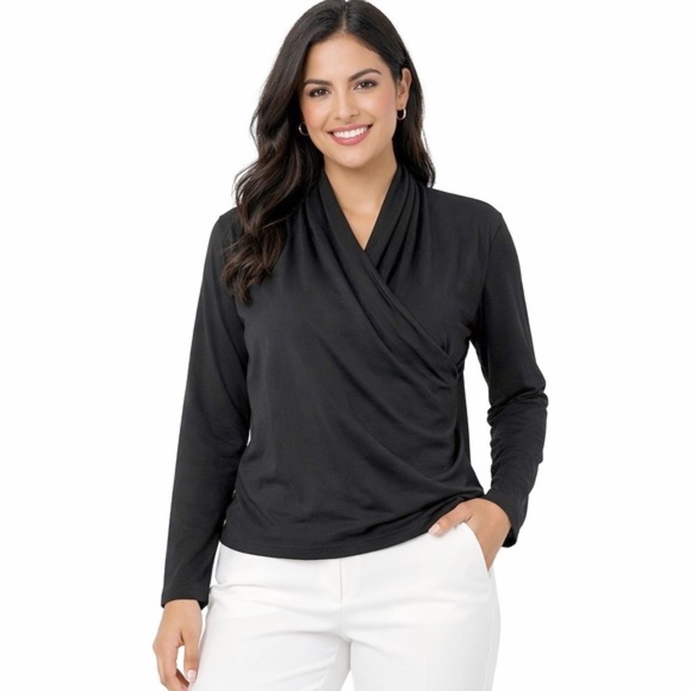 Liz Claiborne New York Black Pima Cotton Faux Wrap Long Sleeve Top L Retro 80-54